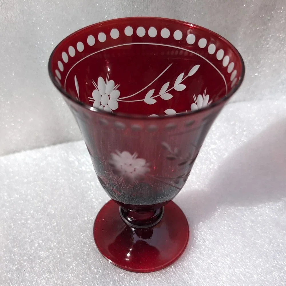 Williams Sonoma Goblet Set Ruby Red Vintage Cut to Clear Floral Glass Etched 4pc